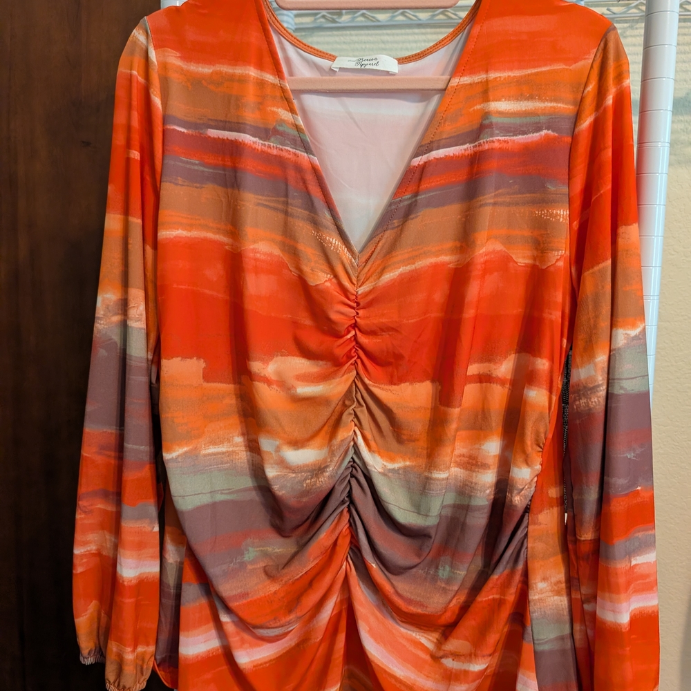 Beacon Orange and Gray Striped Ruched Blouse